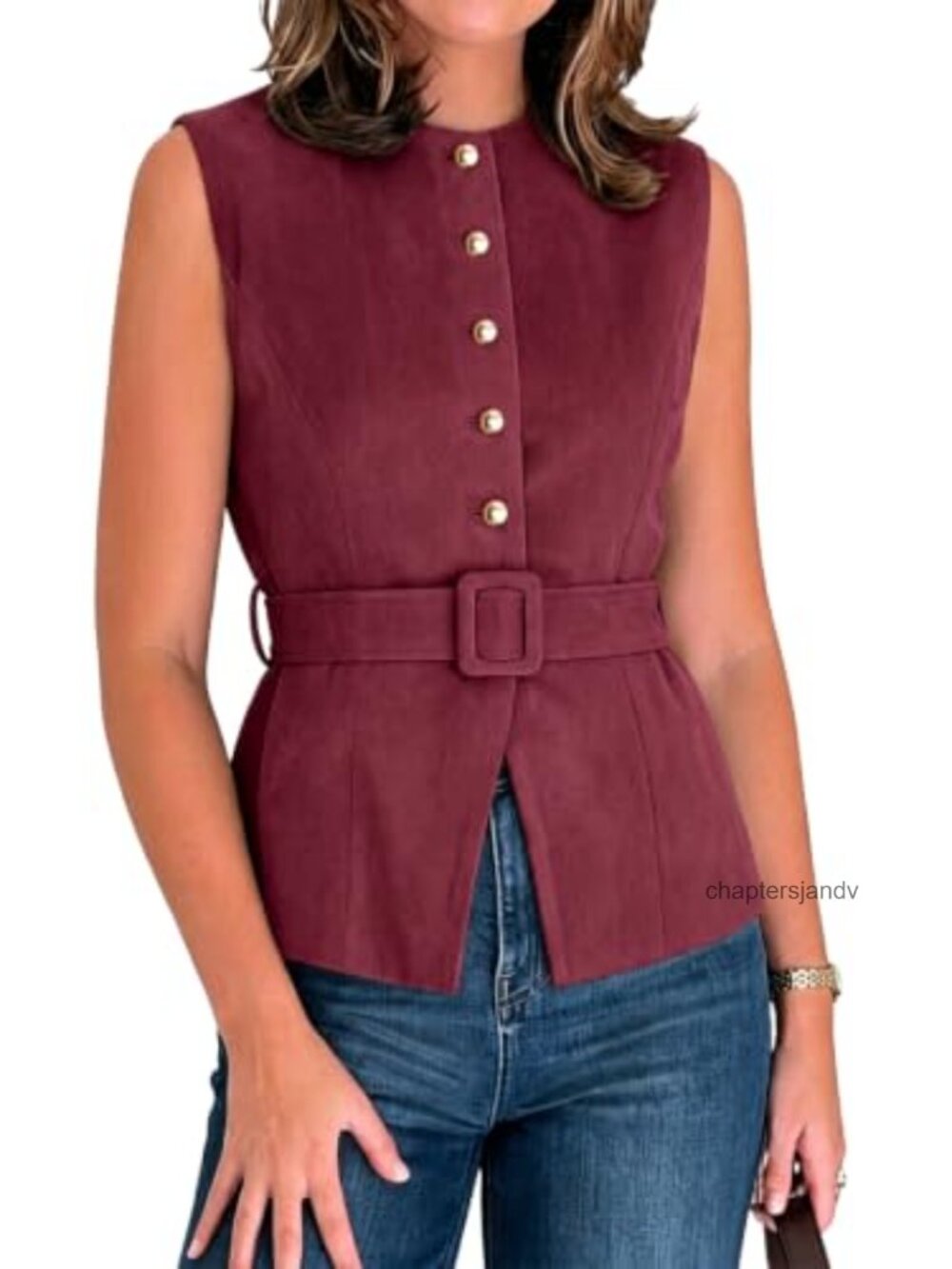 Faux Suede Button Down Vest with Matching Belt, Sleeveless Business Casual